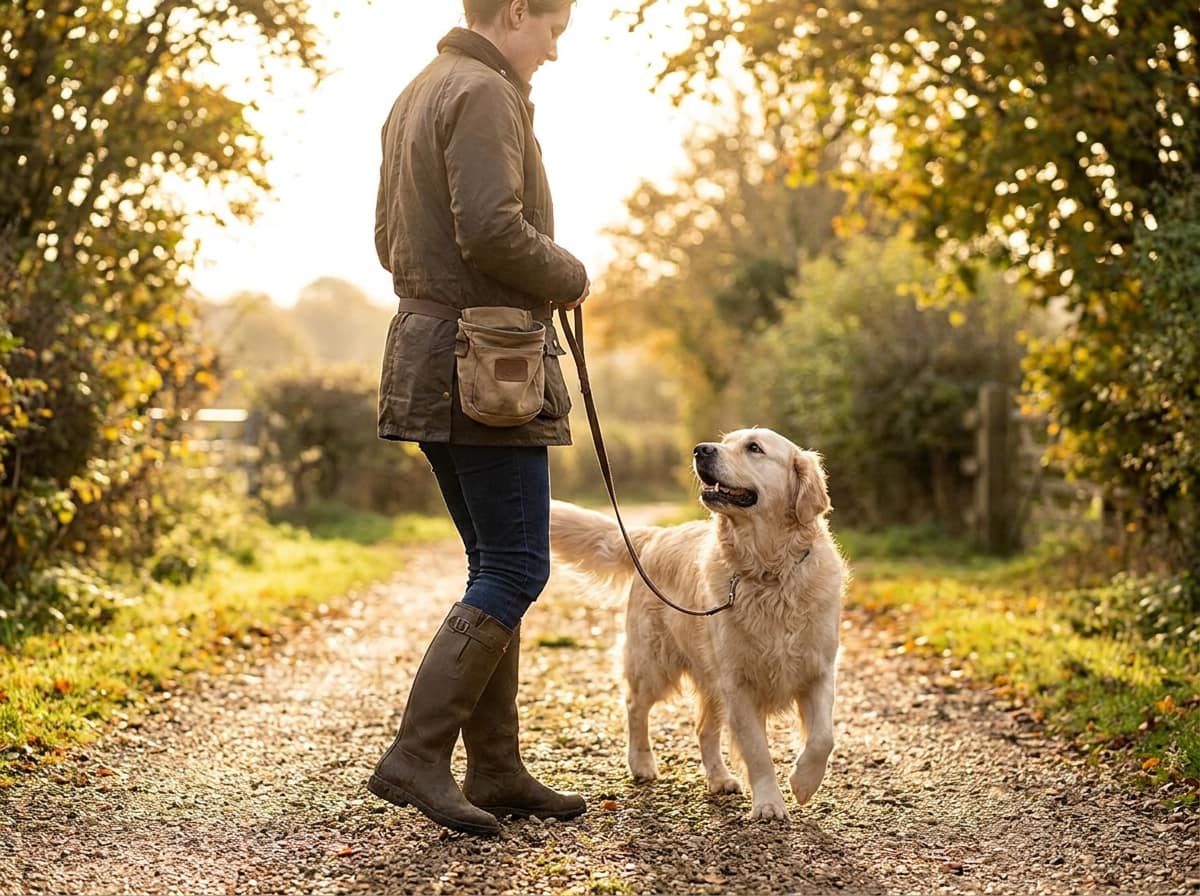 Maître entraînant son chien à marcher en laisse détendue