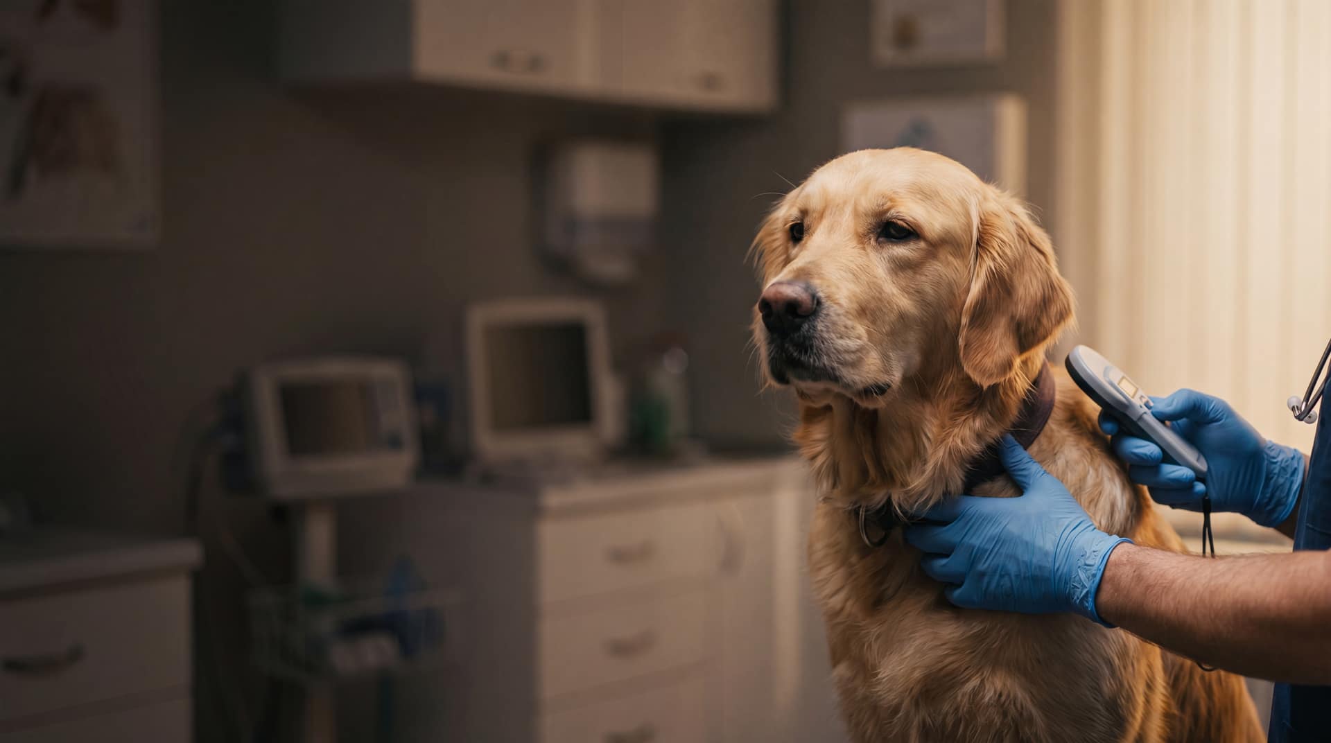 Vétérinaire lisant la puce électronique d'un chien