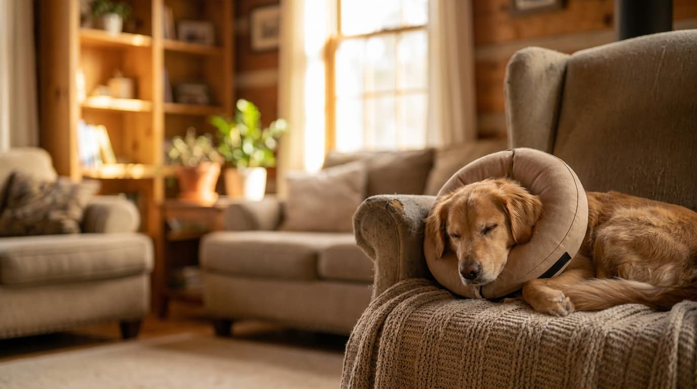 Chien en convalescence avec collerette après stérilisation
